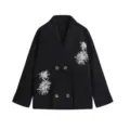 Women black knit cardigan V-neck double-breasted pearl beaded long sleeve sweater detail - S / Tops / Black