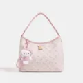 Bolso de hombro de cuero rosa para mujer, diseño grabado de gato con colgante de peluche. - Bolsa Individual / Rosa Sakura