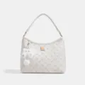 Bolso de hombro para mujer en piel PU blanca, con lindo patrón de gato y colgante de peluche. - Bolsa Individual / Blanco Roto