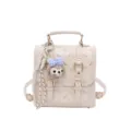 Mochila mini vintage beige elegante con colgante de peluche, lazos y estampado de gatos. - Bolsa Individual / Rosa