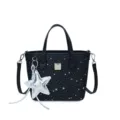 Bolso tote negro para mujer con estampado de estrellas y colgante plateado, elegante bolso. - Bolsa Individual / Negro
