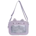 Detail view of purple cat ita bag with clear window and cute ears for pins display. - Purple