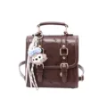 Mochila de cuero marrón vintage con estampado de gato en relieve y llavero de peluche. - Bolsa Individual / Marrón