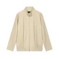 Details der stilvollen beige Kunstlederjacke mit Stehkragen und einem Metallreissverschluss. - XS / Dunkelbeige