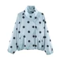 Light blue polka dot print pilot jacket with stand collar and pockets for women style. - Blue