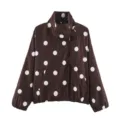Veste bomber marron à pois blancs col montant mode femme style urbain vêtement - XS / Marron