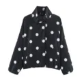 Women fashion street polka dot print bomber jacket, casual stand collar outerwear. - Black