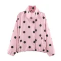 Élégante veste bomber de mode pour femme avec imprimé pois noirs et roses col montant - XS / Rose