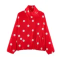 Women red white polka dot print bomber jacket casual stylish streetwear autumn coat top - Red