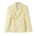 Close-up detail showing the asymmetric double-breasted floral print and pocket trim. - S / Yellow Floral