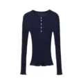 Detailed view of women's dark blue ribbed knit top featuring long sleeves and button crew neck. - S / Tops / Blue