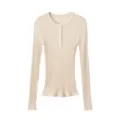 Ribbed knit top detail showing long sleeves, crewneck and button front design features. - S / Tops / Apricot