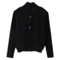 Women's black ribbed knit cardigan with high mock neck, stylish button closure and chic shoulder epaulets. - Black