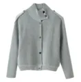 Close-up detail of grey ribbed knitted cardigan with high collar and front buttons for women. - Light Gray