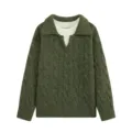 Women's dark green cable knit sweater fake two piece polo collar casual stylish top. - Army Green