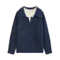 Women's contrast lapel fake two-piece knit sweater, stylish casual ribbed texture top. - S / Tops / Dark Blue