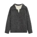 Close-up detail of the stylish women's contrast lapel knit sweater with ribbed inner layer. - S / Tops / Dark Gray