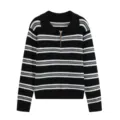 Elegante maglione in maglia a righe nere e bianche da donna con collo polo e zip frontale. - Taglia S / Striscia Nera