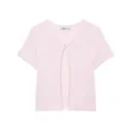 Rosa kurzarm Strickjacke Detailansicht, glänzender Metallfaden Bolero offene Vorderseite. - S / Oberteile / Rosa