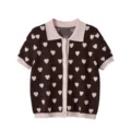 Brown pink heart knit cardigan short sleeve polo button casual daily top for women wear - S / Tops / Coffee