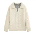 Detailed view of the stylish cable knit sweater with lapel faux two-piece design. - S / Tops / Beige