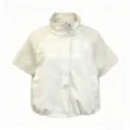 Dettaglio della giacca in pelle bianca con maniche in maglia e collo alto elegante. - Taglia S / Top / Bianco