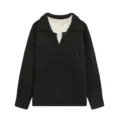 Women fashion contrast lapel knit sweater fake two piece casual pullover black top - Black