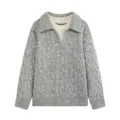 Women's grey cable knit sweater with lapel collar fake two piece design casual chic style. - S / Tops / Light Gray