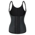 Vista detallada del chaleco corsé entrenador de cintura de látex negro con ganchos y tirantes. - M / Tops / Negro