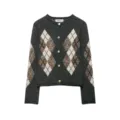 Close-up of women's grey argyle knit cardigan featuring gold buttons and classic pattern details. - S / Dark Gray