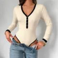 Body donna maniche lunghe scollo V a contrasto in maglia a costine top aderente. - Taglia S / Top / Albicocca