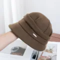 Brown wool bucket hat detail, Japanese vintage pleated design with metal tag accent. - Adjustable / Camel