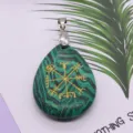 Natural stone Viking rune teardrop pendant with golden engraved compass motif jewelry accessory. - 25x32mm / Malachite