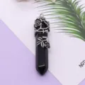 Colgante de pilar hexagonal de cristal obsidiana negra vintage con flor plateada accesorio de collar - Colgante Solo (Sin Cadena) / 14x58mm / Obsidiana