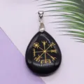 Black stone teardrop pendant with gold rune engraving and silver bail for DIY jewelry making - 25x32mm / Obsidian