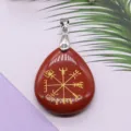 Red natural stone teardrop pendant with golden Viking rune engraving, DIY jewelry accessory item. - 25x32mm / Red Jasper
