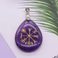 Natural stone purple teardrop pendant with engraved Viking rune symbol for DIY jewelry making. - 25x32mm / Purple Crystal