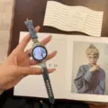 Denim smartwatch strap compatible with Huawei GT4 Watch 4 Pro and Samsung, cute cat design detail. - Custom 18mm / Dark Blue