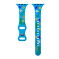 Detailed view of blue silicone watch strap featuring colorful floral and butterfly print designs. - Sky Blue