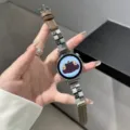 Compatible smartwatch with metal and brown leather strap, featuring cute cartoon puppy design. - Custom: 18mm / Brown
