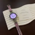 Detailed view of purple denim fabric smartwatch strap with cute metal bear charms and display. - Custom 18mm / Smoky Purple