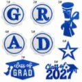 Dettagli di toppe ricamate per laurea blu e bianche con lettere e cappello accademico. - Set di 8 Toppe per la Laurea 2027