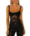 Close-up detail of the black lace camisole, featuring floral patterns and bow. - S / Tops / Black Type B