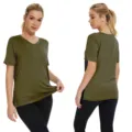 Casual v-neck short sleeve split hem solid color basic t-shirt for women summer daily wear - S / Tops / Olive