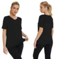 Women casual black V-neck short sleeve loose side split basic t-shirt for daily wear. - S / Tops / Black