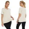Women solid V-neck split short sleeve t-shirt casual loose basic top cream yellow sku - S / Tops / Off White