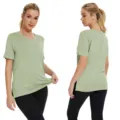 Sage green V-neck short sleeve t-shirt with side slits, casual loose fit top for women variant - S / Tops / Grey Green