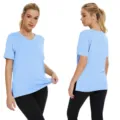 Light blue V-neck short sleeve T-shirt with side slits, loose casual women top for summer. - S / Tops / Light Blue