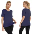Women casual solid color V-neck short sleeve loose split hem basic T-shirt daily wear - S / Tops / Navy Blue
