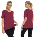 Women's V-Neck Short Sleeve Casual T-Shirt Burgundy Loose Split Hem Tee Top for Summer - S / Tops / Burgundy